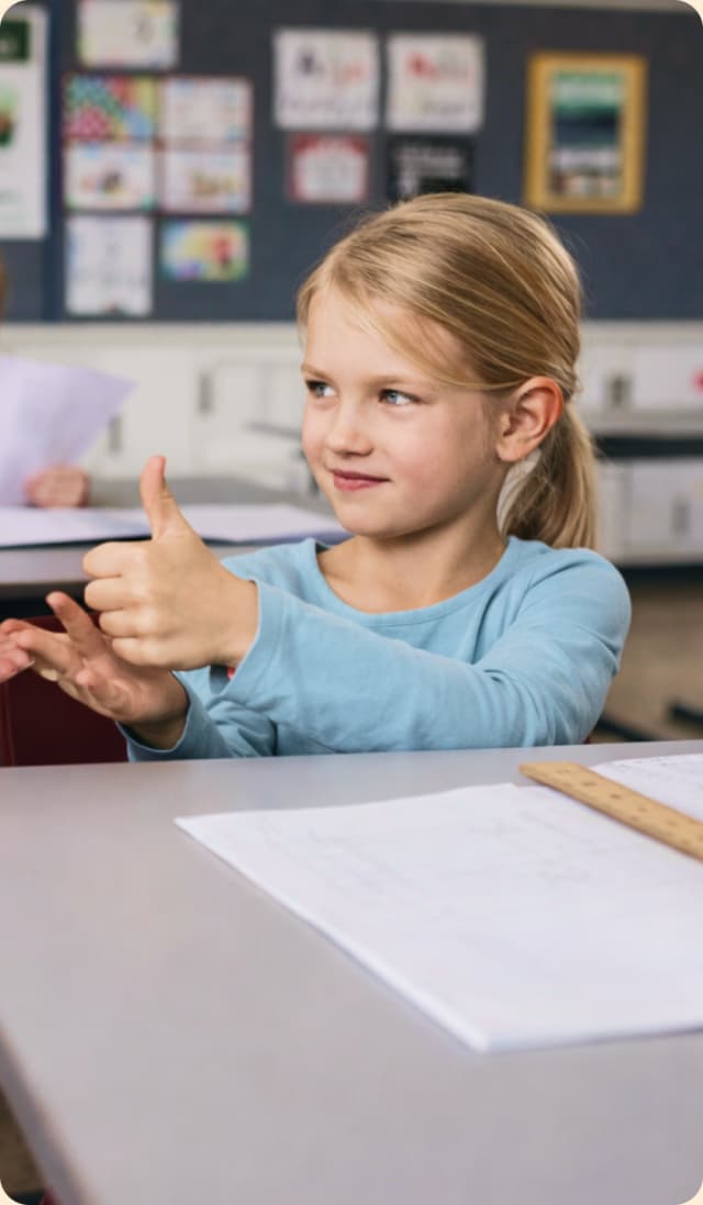 A child smiling while signing